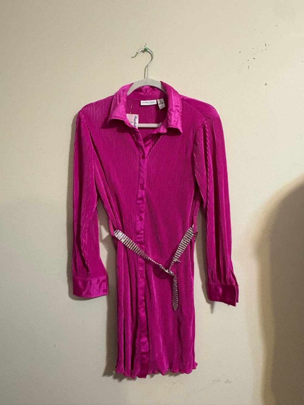 Fuchsiaโ Button-Front Pleated Shirt Dress with Decorative Belt